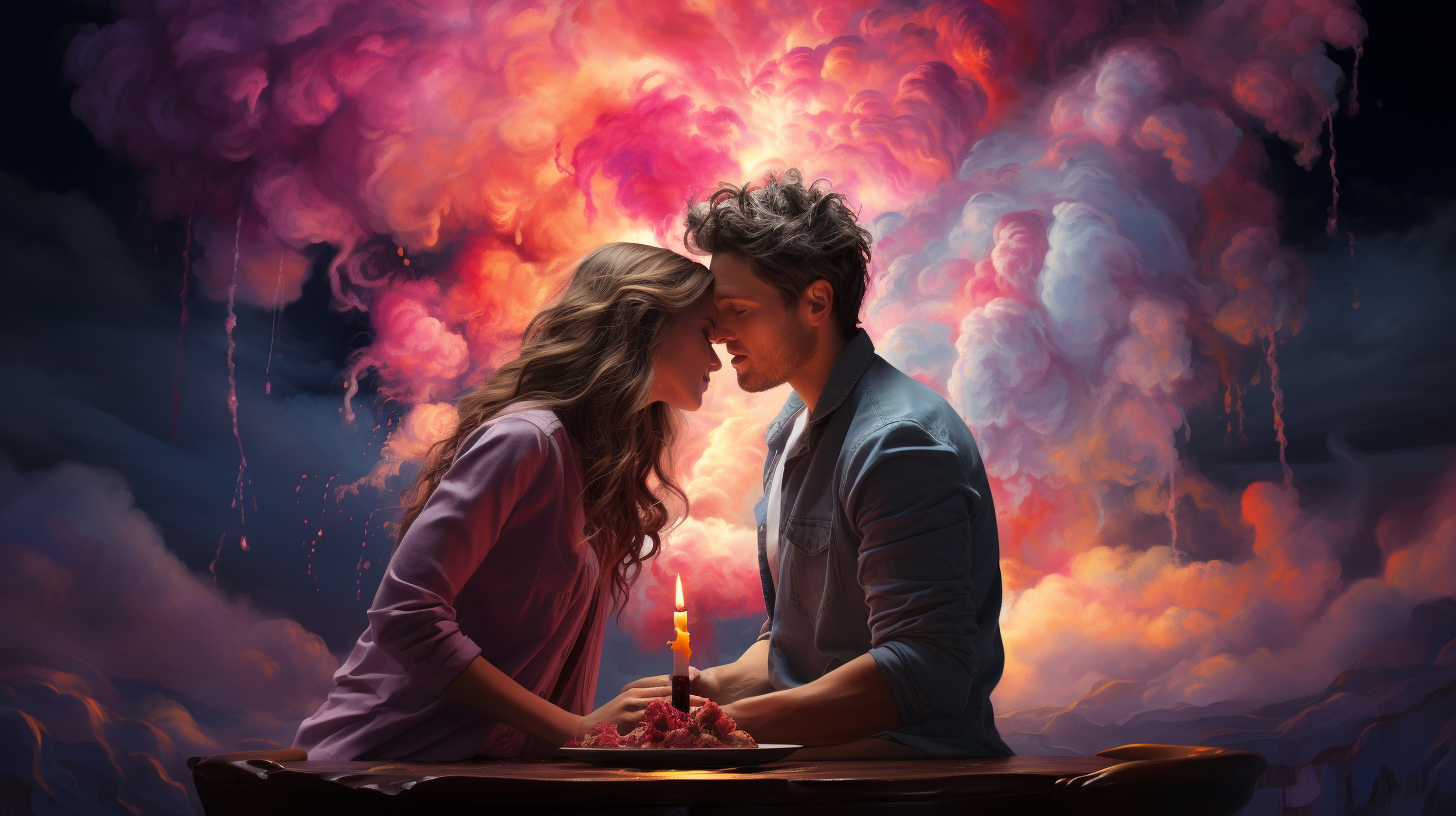 Dreamy Romantic Composition with Cake, Love, and Clouds