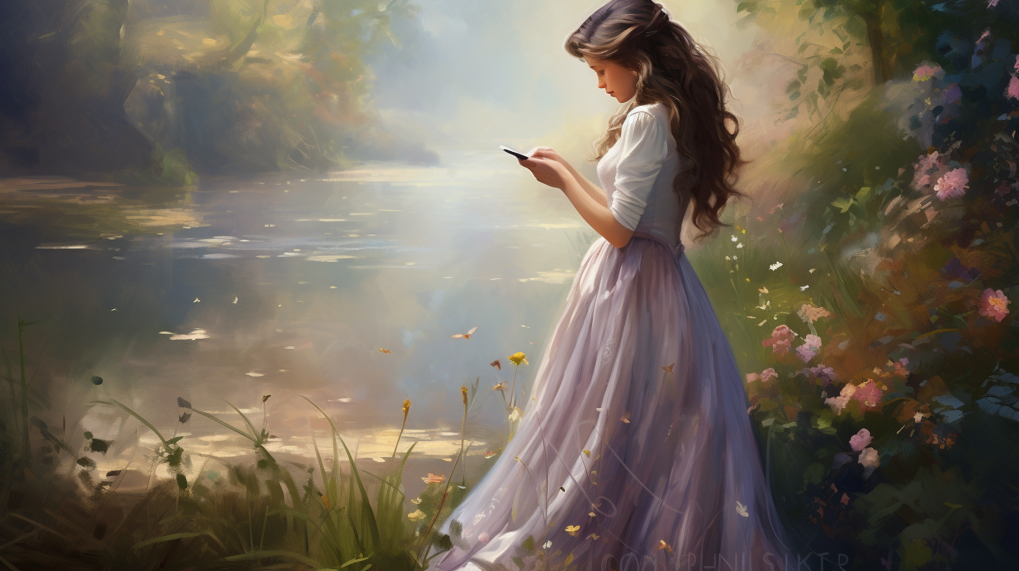 Women holding phone in dreamy scenery