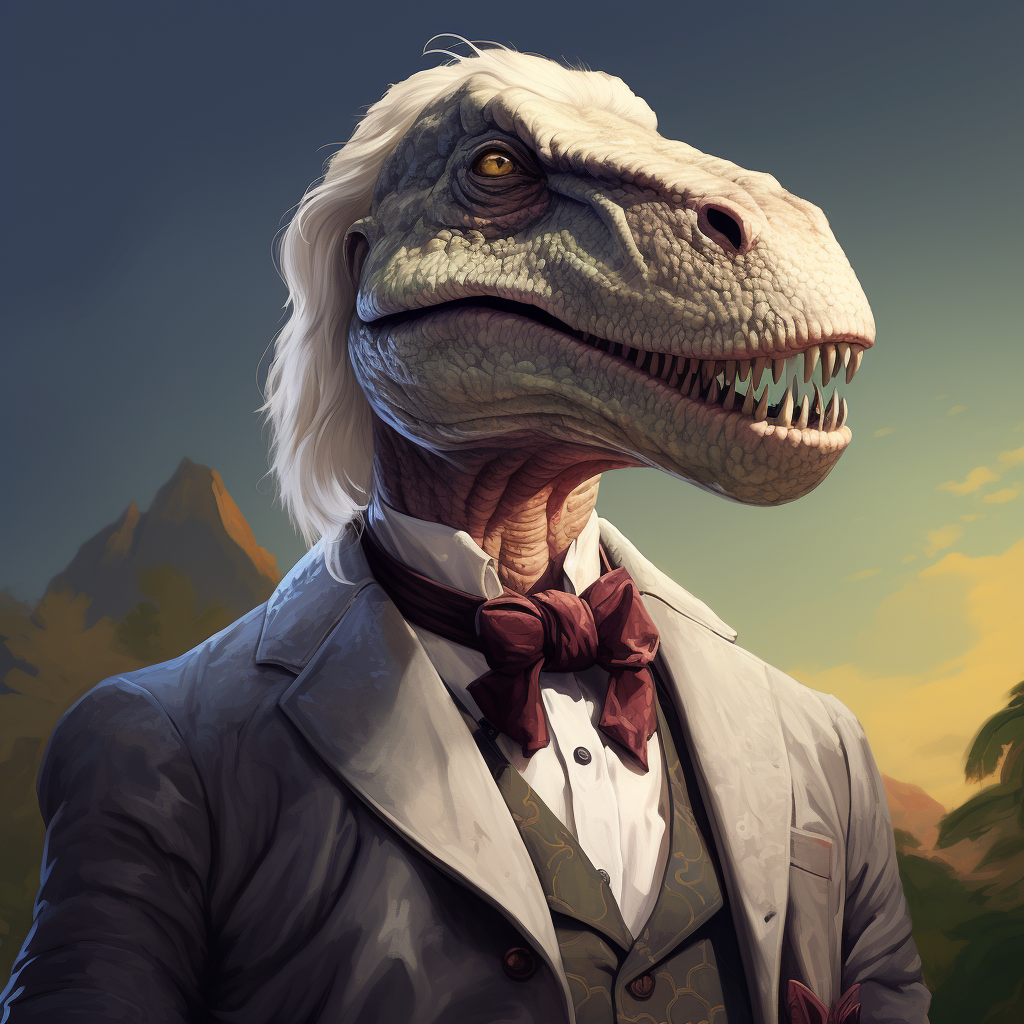 Elegantly dressed dinosaur with a mustache