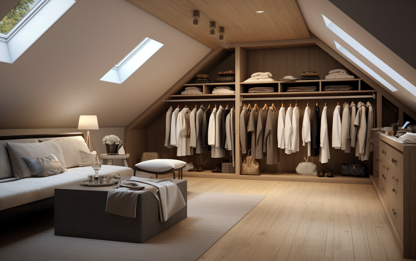 Attic turned walk-in closet with low hanging rods and drawers