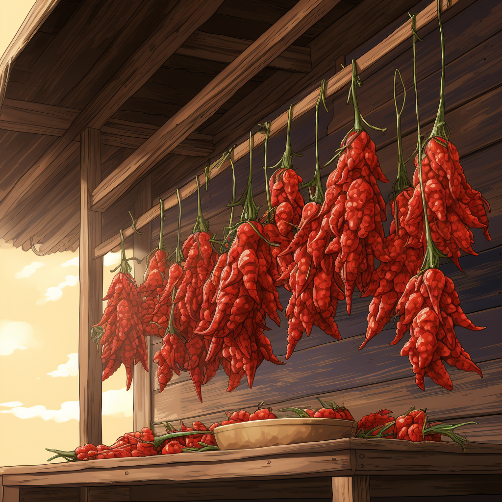 String of dried red chilies and garlic on wooden wall