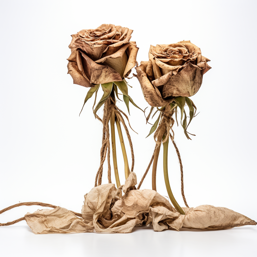 Three dried roses tied with twine