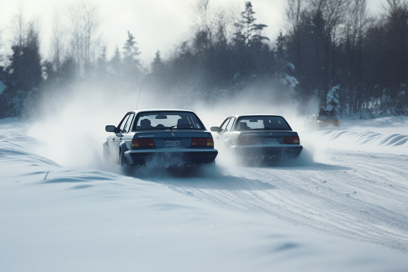 Drift cars maneuvering through snowy terrain