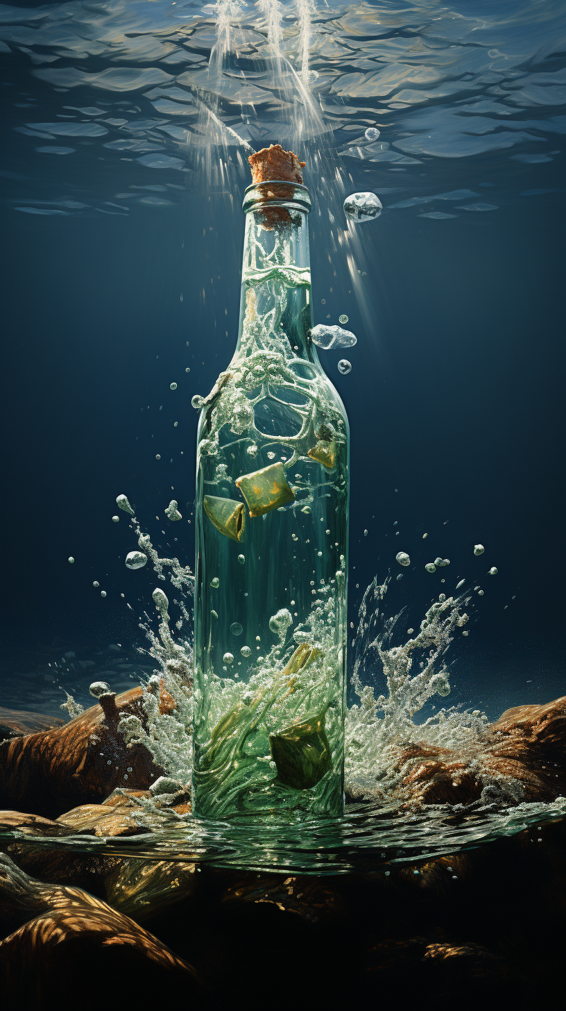 Animated bottle drifting in the sea