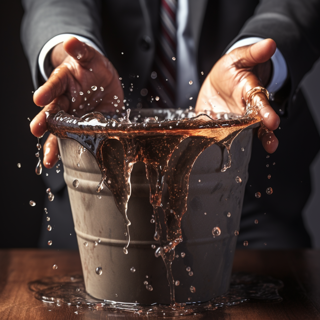 Hand holding a dripping water bucket