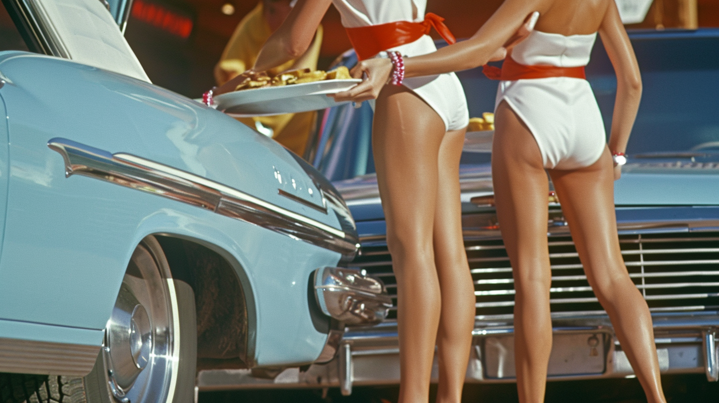 Car hop waitresses serving food at a 1960s drive-in restaurant