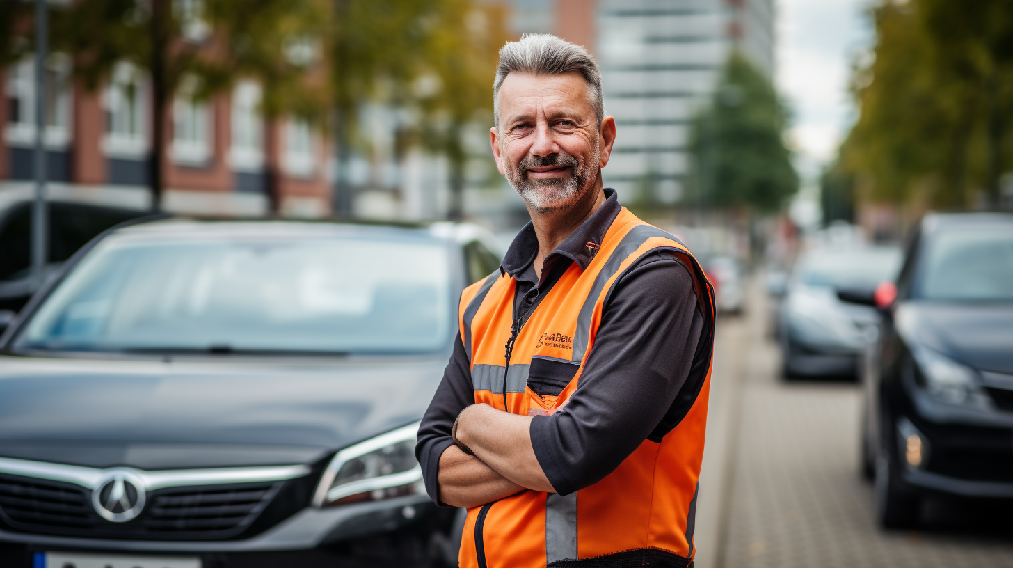 smiling driving instructor with car