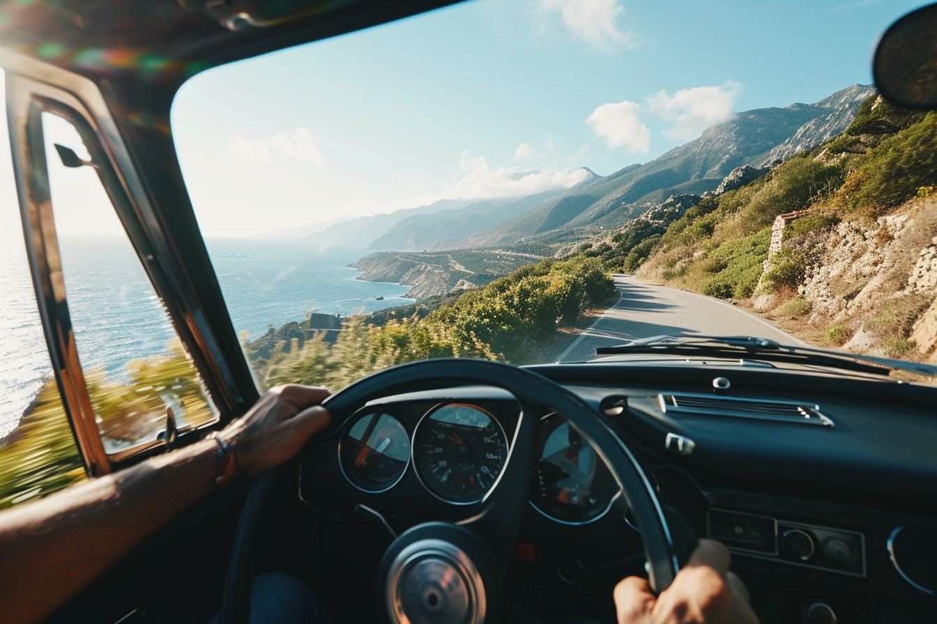 Man driving Mazda Miata on coastal road in Corsica