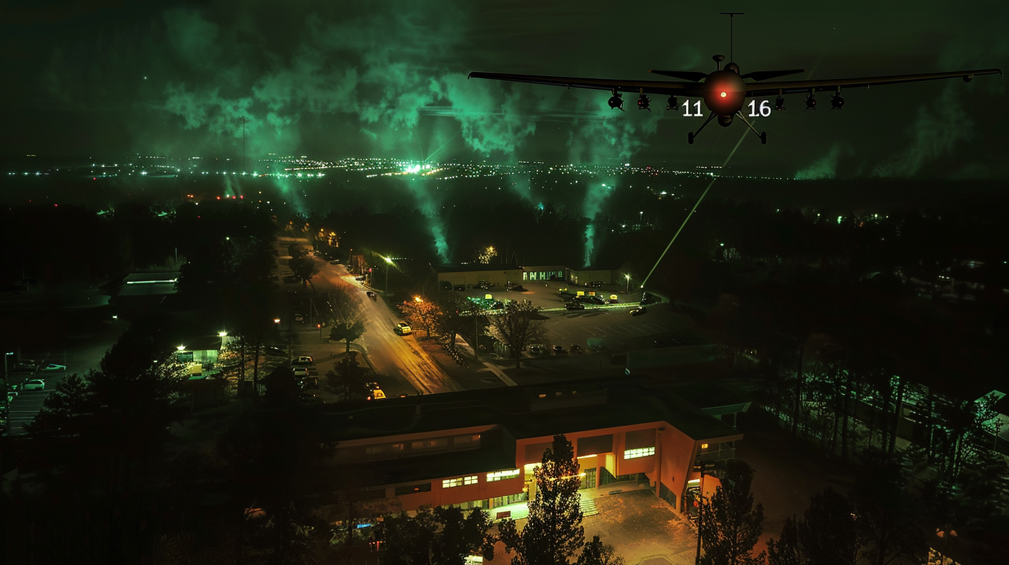 Drone scanning government facility at night