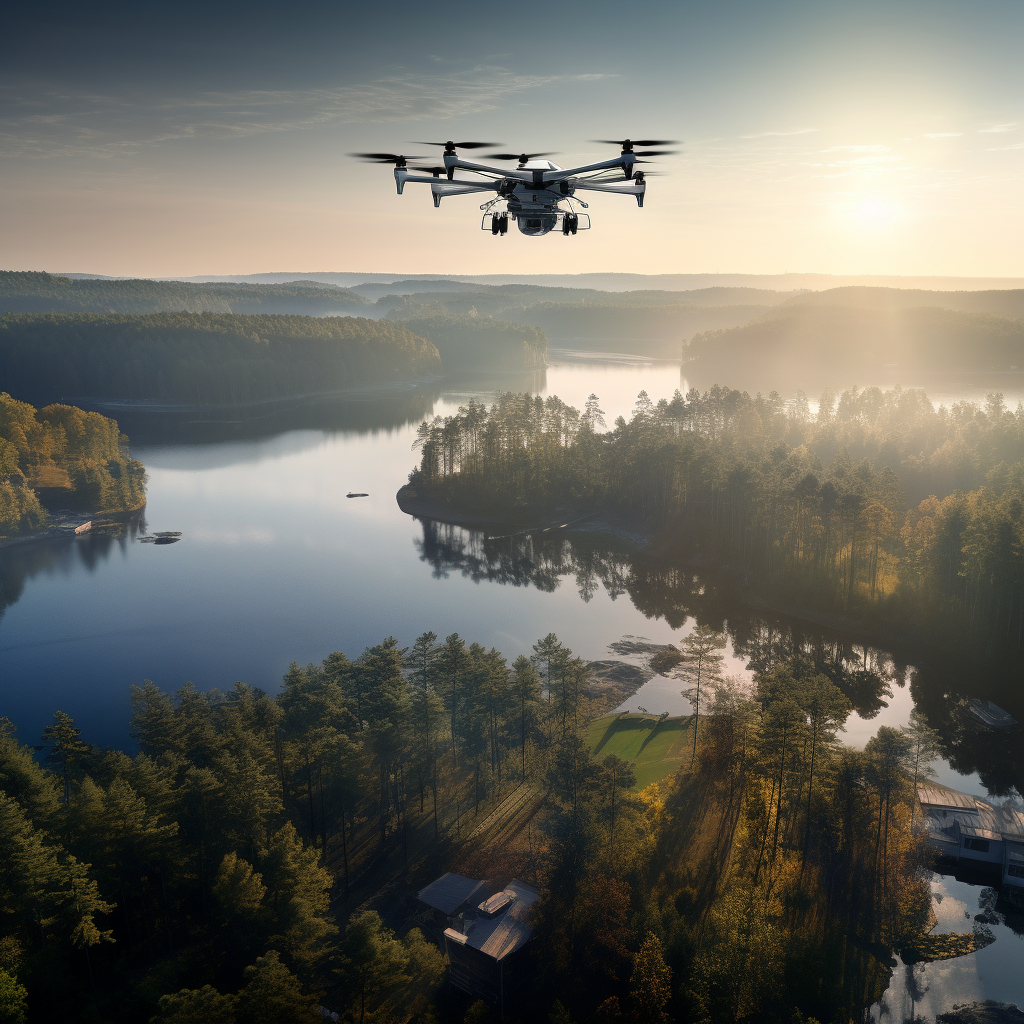 Aerial View of Drone Flying over Lake and City