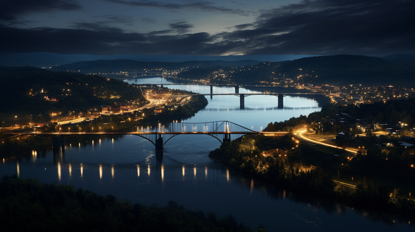 Aerial view of river and bridge during day and night