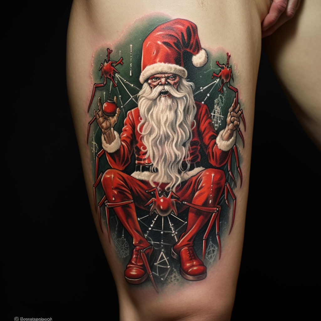 Santa with spider tattoos enjoying a midjourney