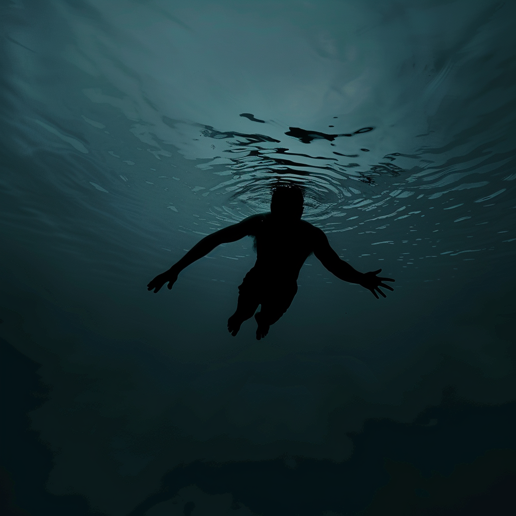 Dark silhouette drowning in water