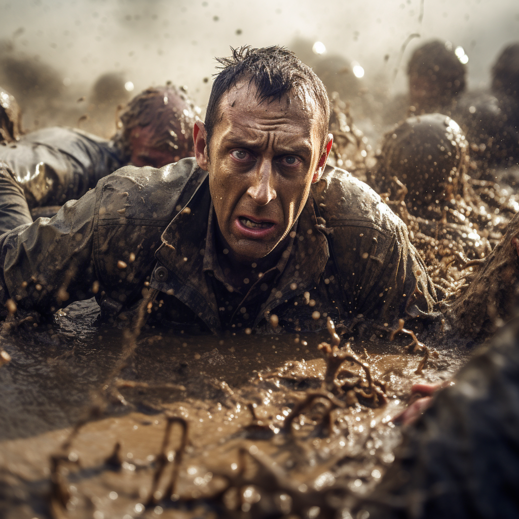 Man fighting off zombies in quicksand