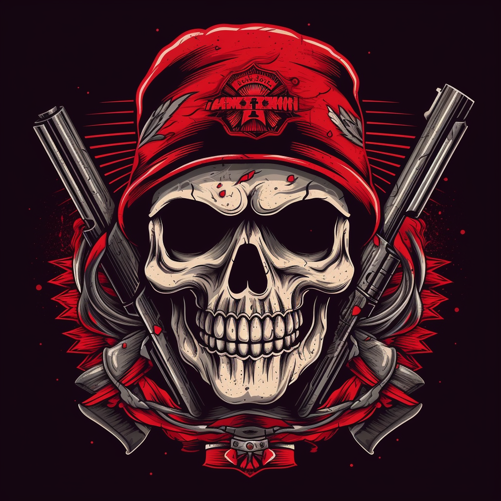 Intimidating drug cartel logo with skull, hawk, and AK-47s