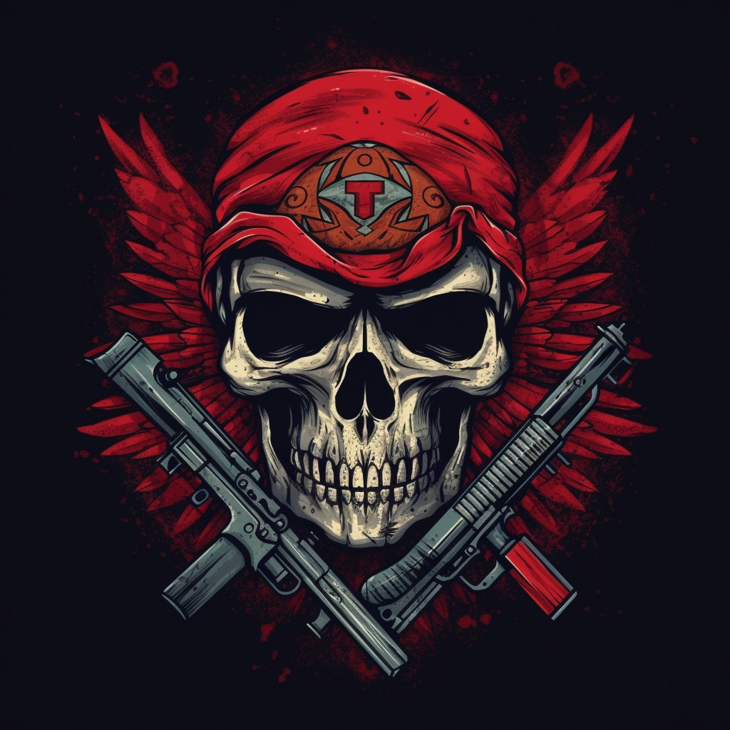 Red and black drug cartel logo with skull, hawk, and AK-47s