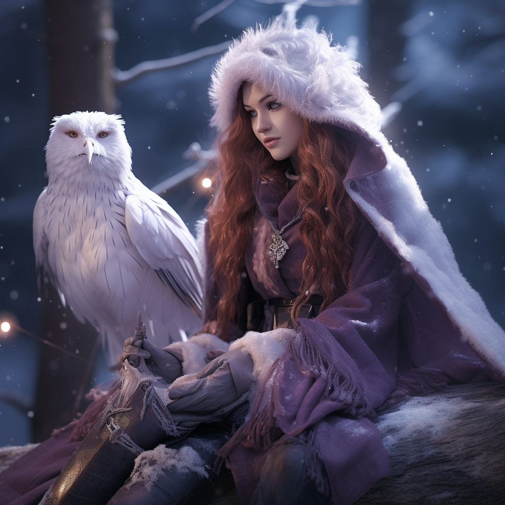 Small Druid Fairy with Owl in Snow