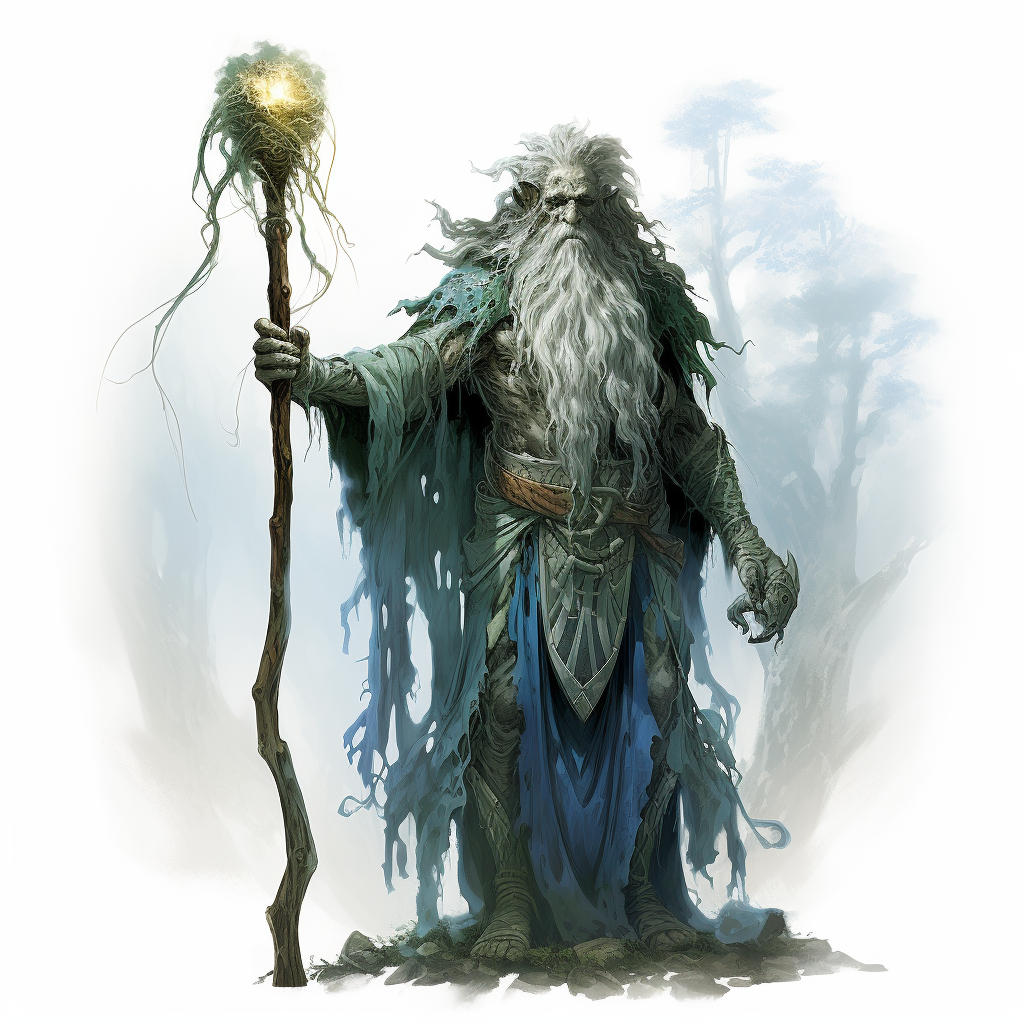 druid holding wooden staff with gem