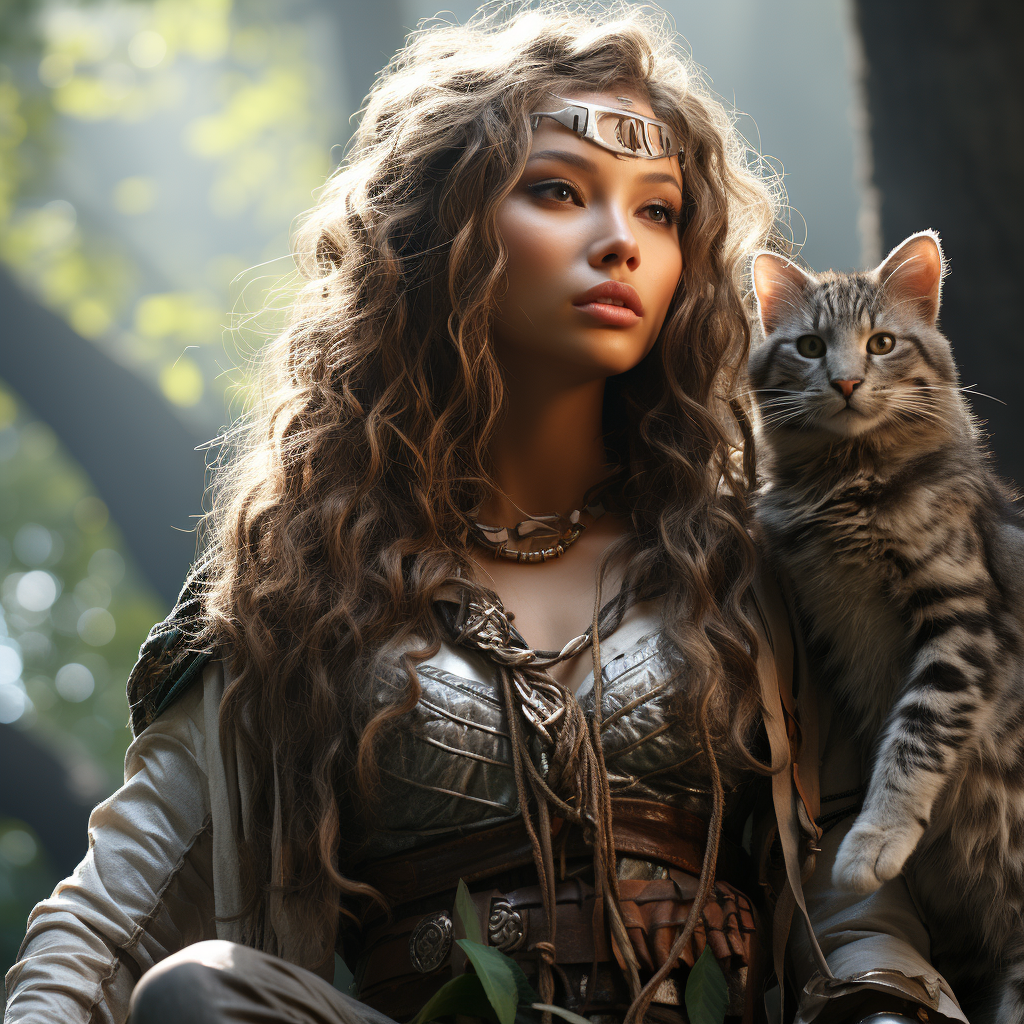 Druid Elf Woman with Cat in Forest