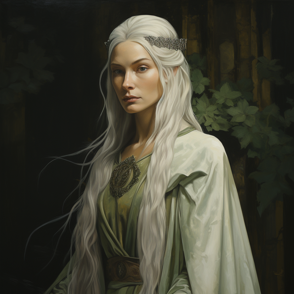 Portrait of Enchanting Druidess with White Tranced Hair