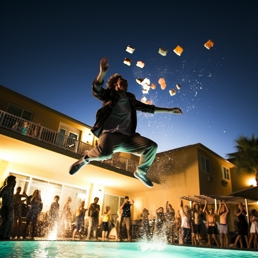 College student jumping into pool