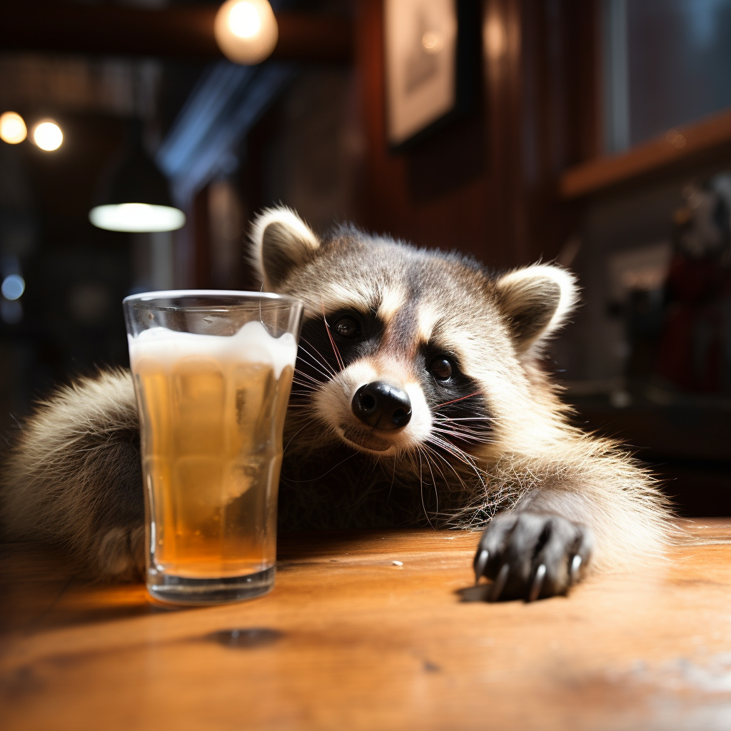 Drunk raccoon enjoying beer