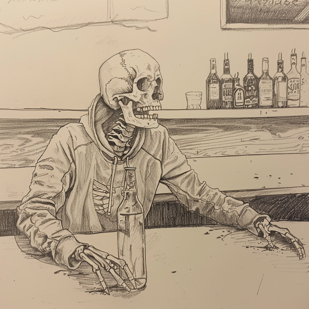 drunk skeleton at bar illustration