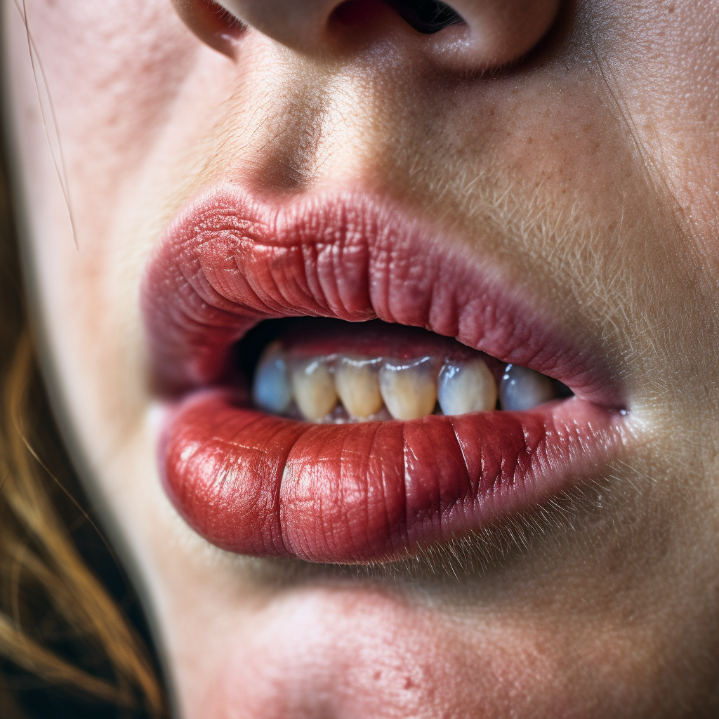 Macro of drunk overweight woman's puckering mouth