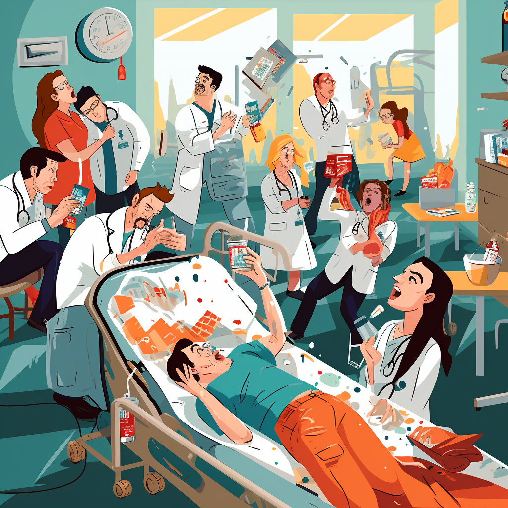 Humorous cartoon of drunk patient in emergency department