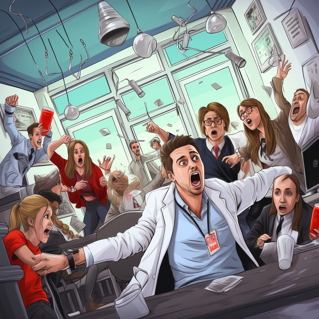 Cartoon of drunk patients partying with a doctor