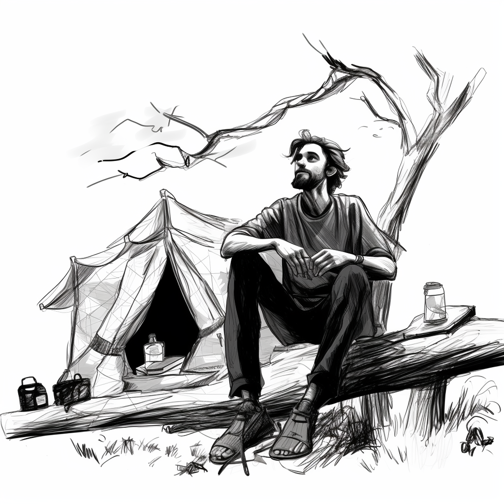 Funny cartoon sketch of a drunk skinny man in the woods campsite