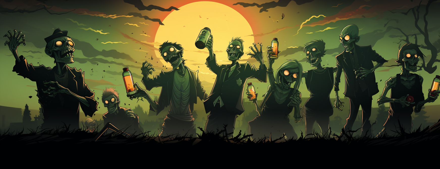 Illustration of drunken zombies at a Halloween party