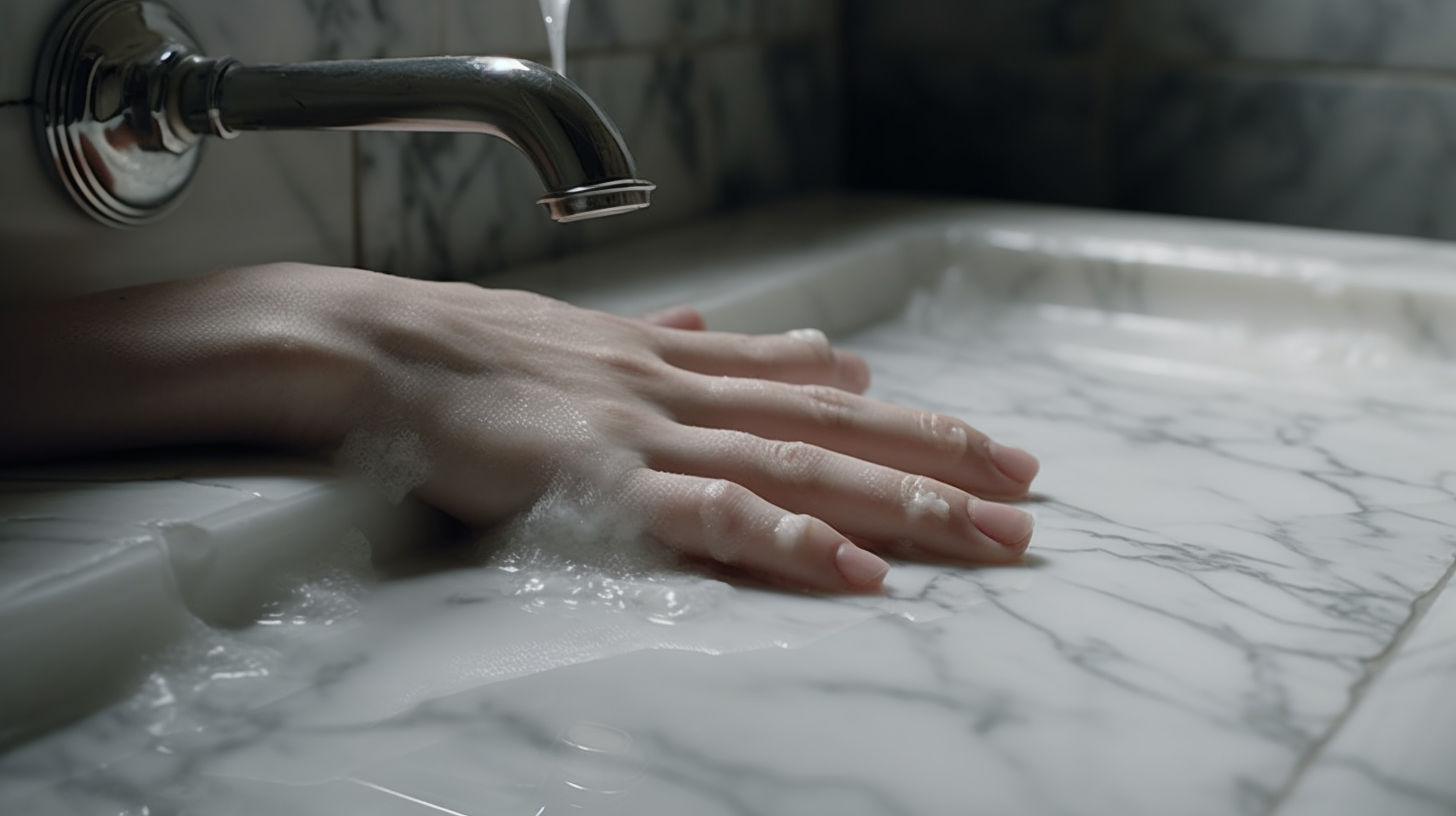 Delicate hand on bathroom sink