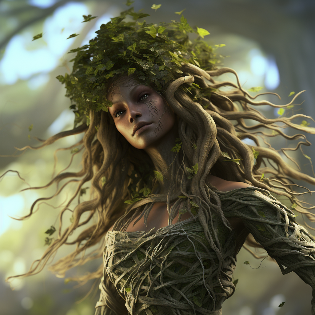 Cartoon-style dryad with willow branches hair