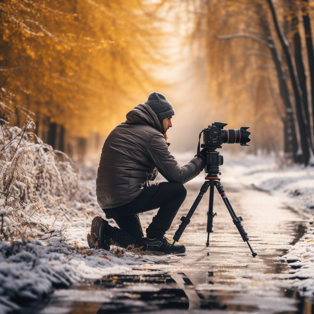 Professional videographer filming beautiful winter scenery