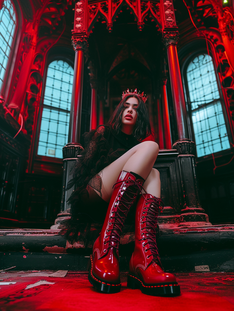 Dua Lipa Gothic Look with Red Dr. Martens Boots