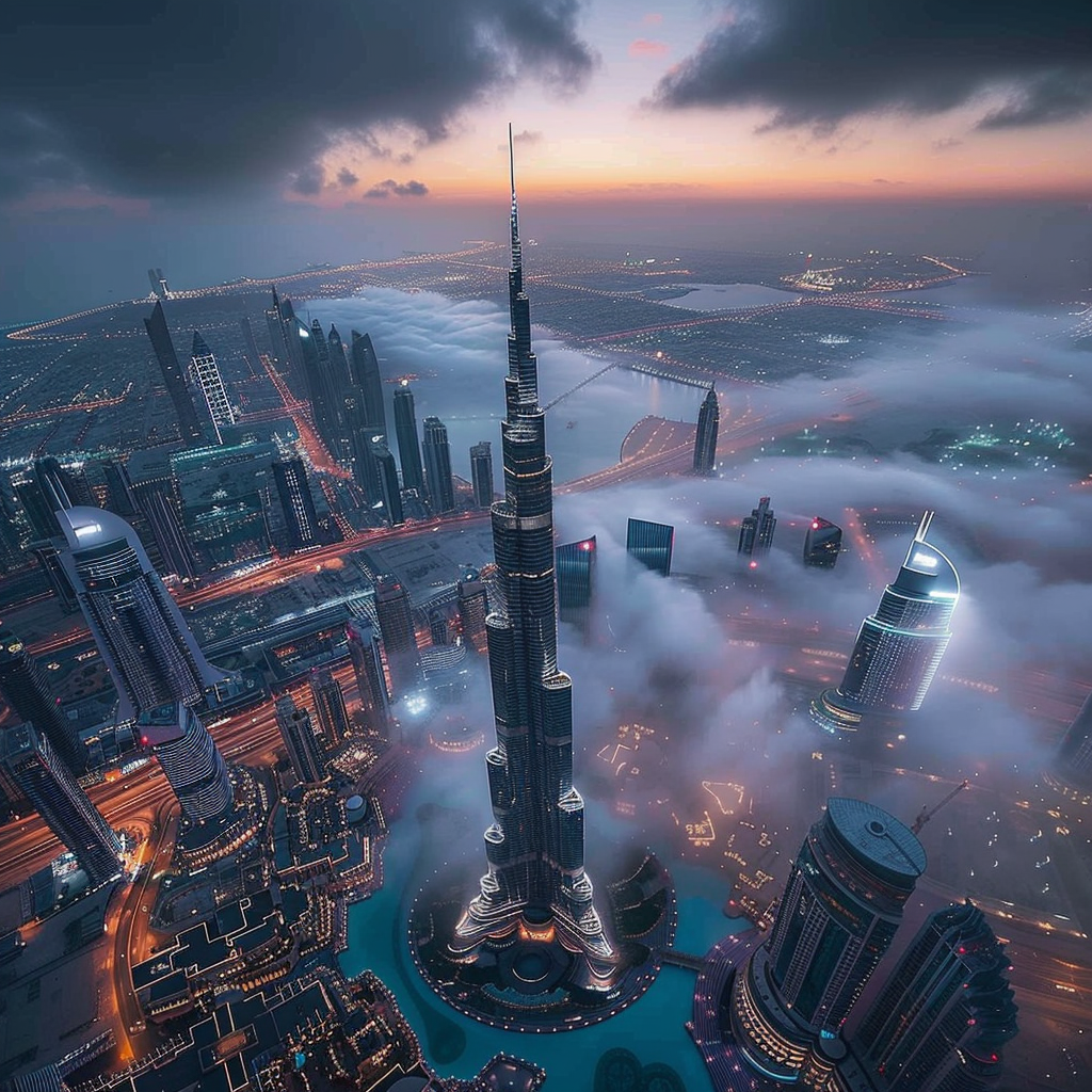 Dubai cityscape aerial view at dusk