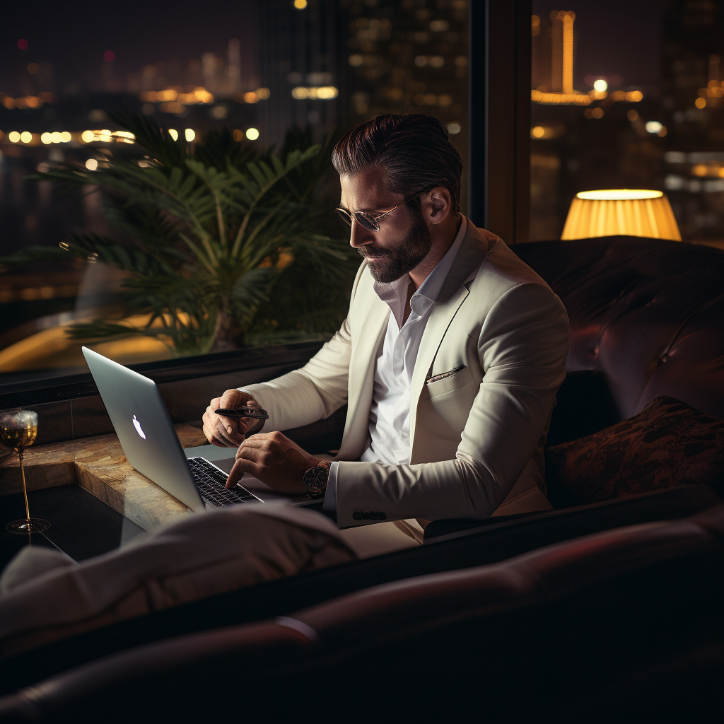 Muscular billionaire working on laptop in Dubai lounge