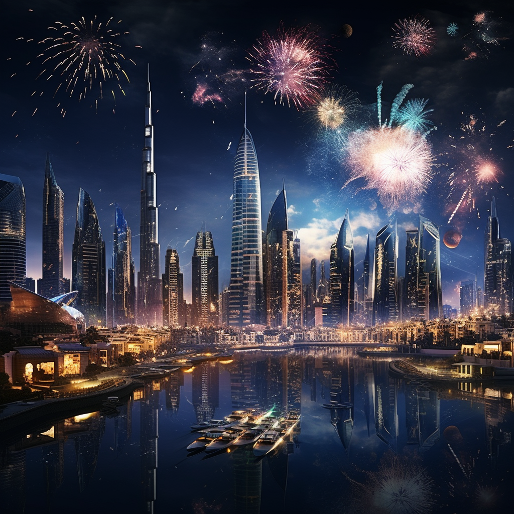 Dubai skyline fireworks celebration