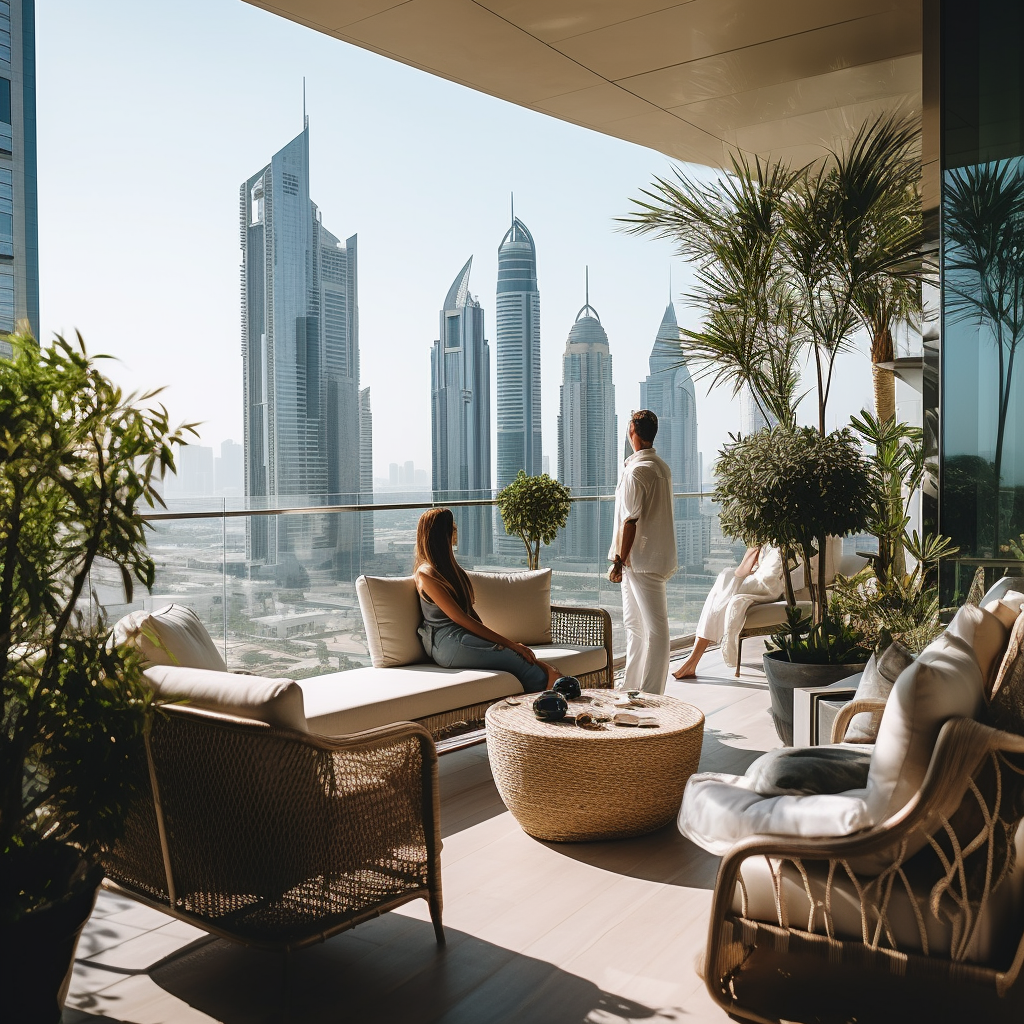 Man and woman enjoying Dubai skyline