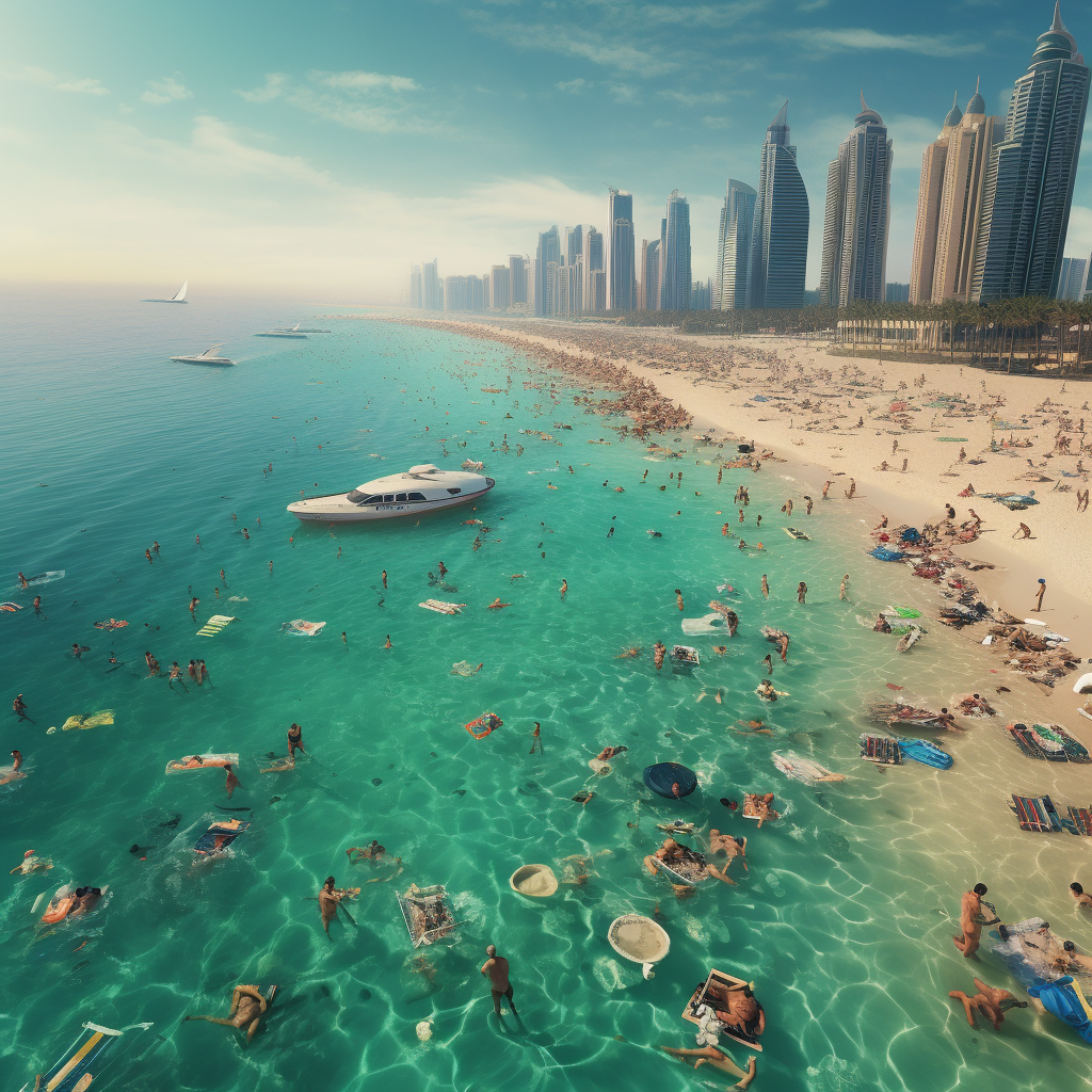 Tourists sunbathing on Dubai beach with VR helmets