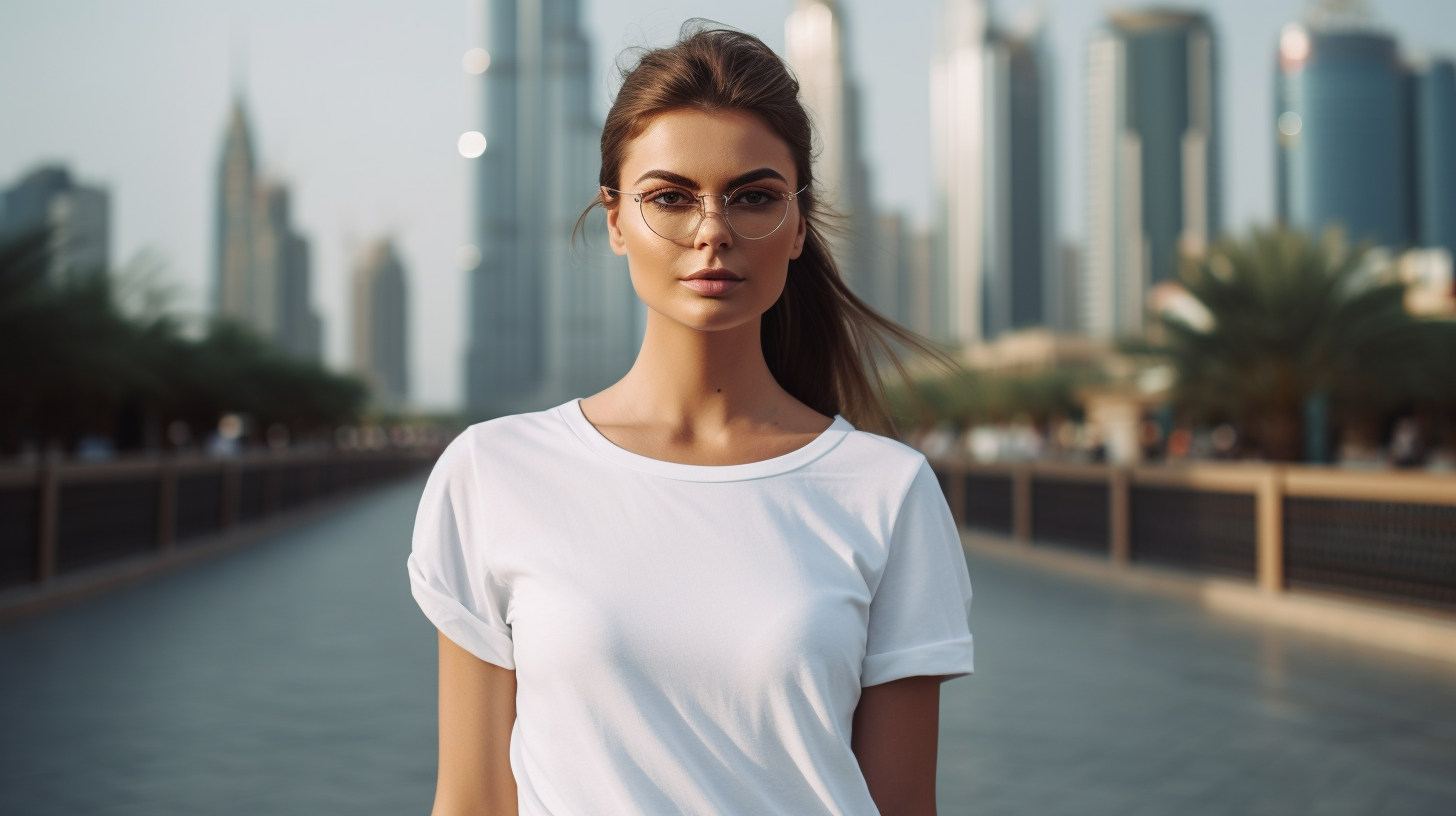 Young model in Dubai with ponytail and white T-shirt