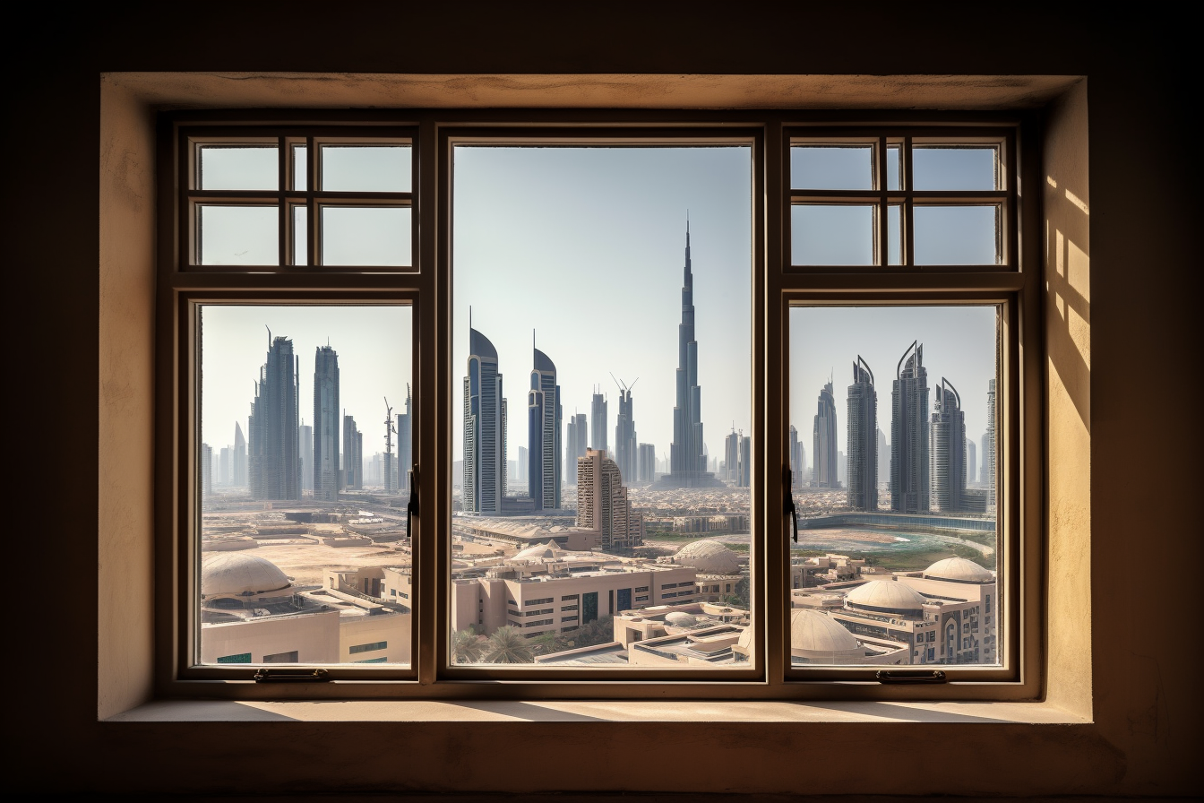 Dubai skyline through window