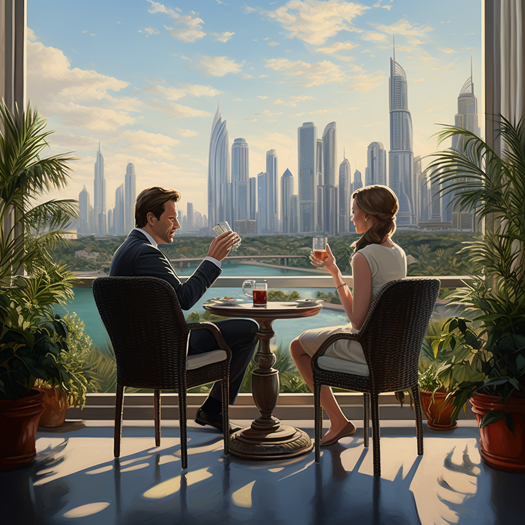 Couple enjoying Dubai skyline from terrace