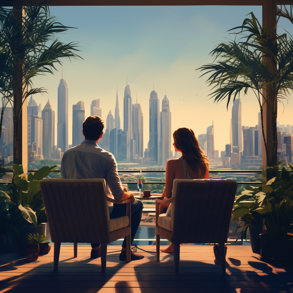 Couple enjoying Dubai terrace with stunning view