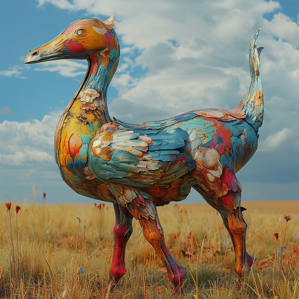 Beautiful duck-horse hybrid in grasslands