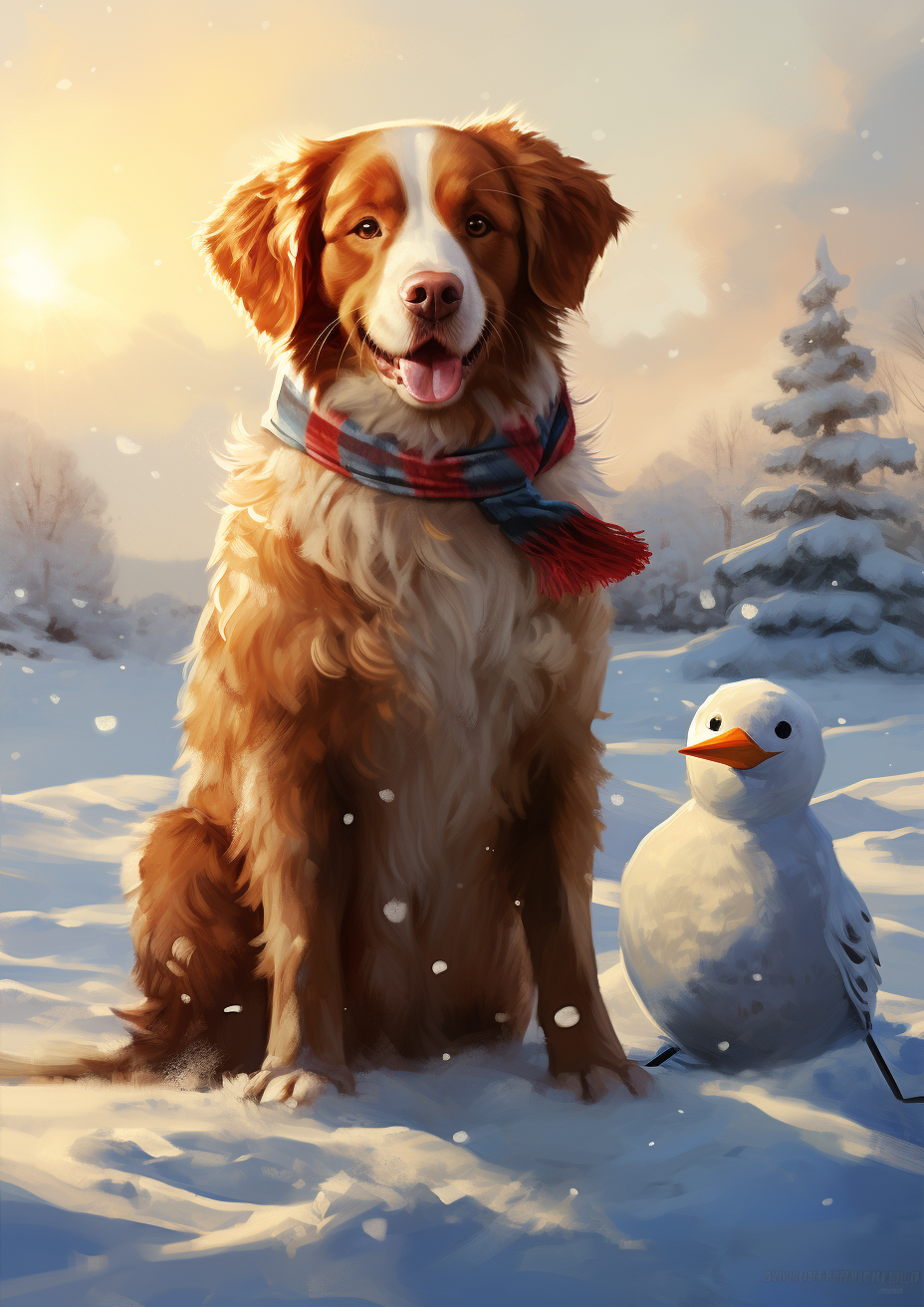 Nova Scotia Duck Tolling Retriever with Snowman