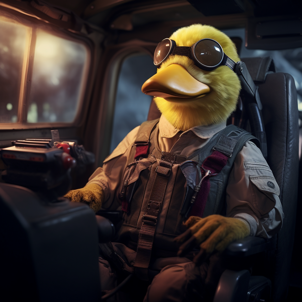 Duck pilot with humanoid assistant in cockpit