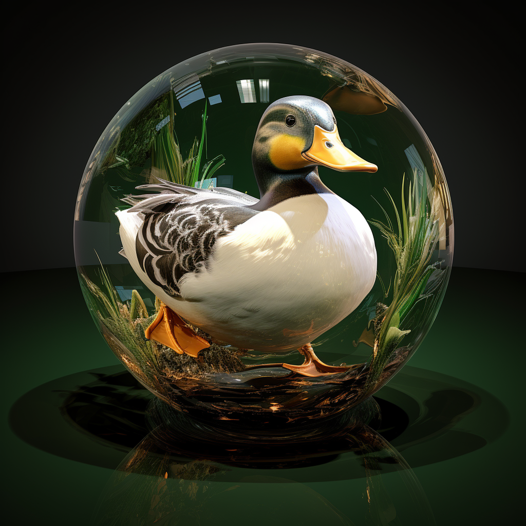 Cute duck playing with sphere