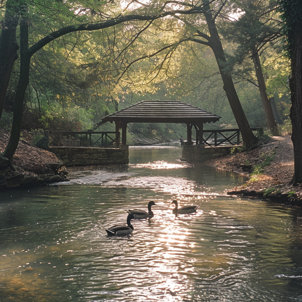 Ducks in love swimming under a wood bridge